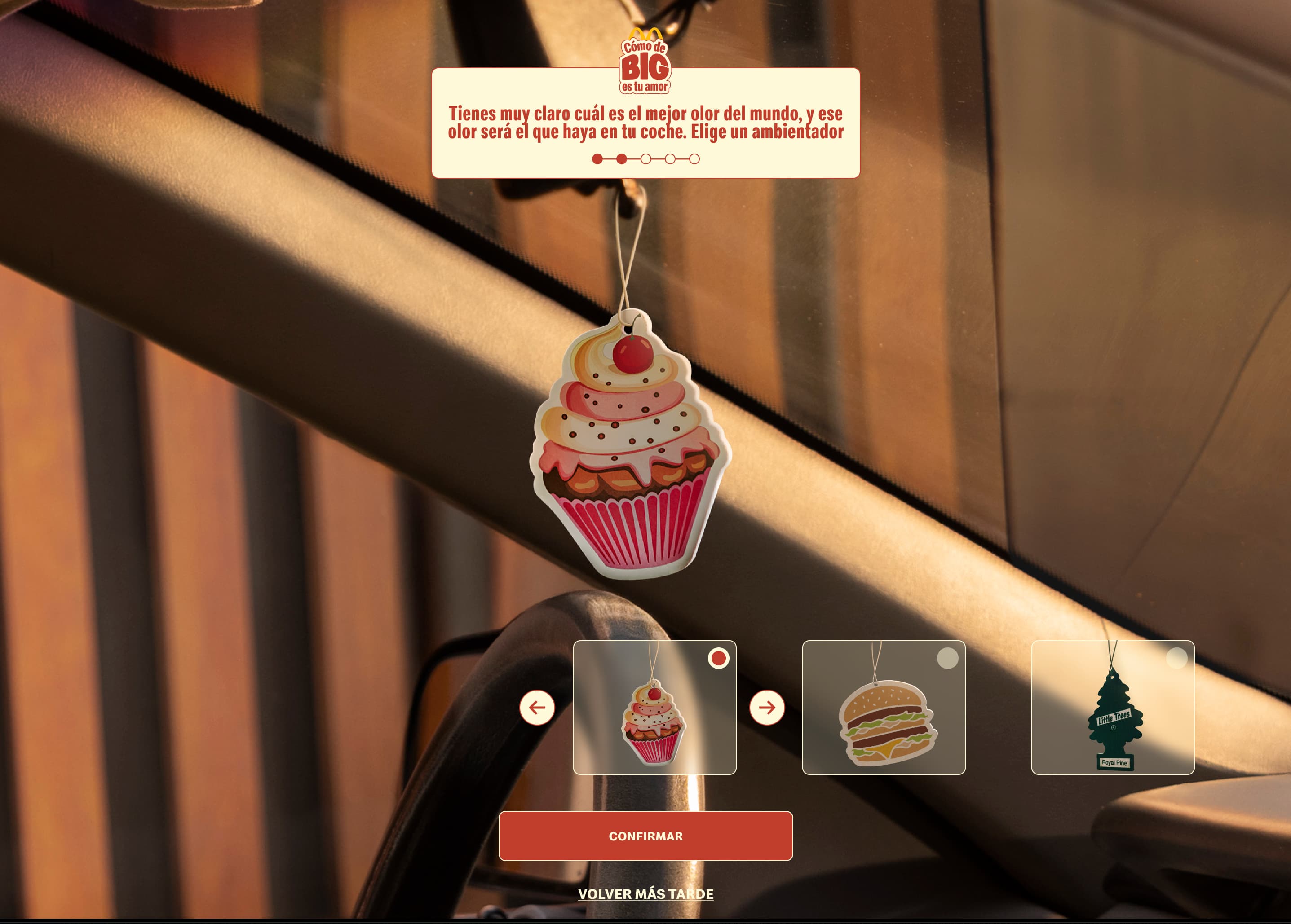 Game showing an air freshener hanging from a rear-view mirror, with alternatives to choose from