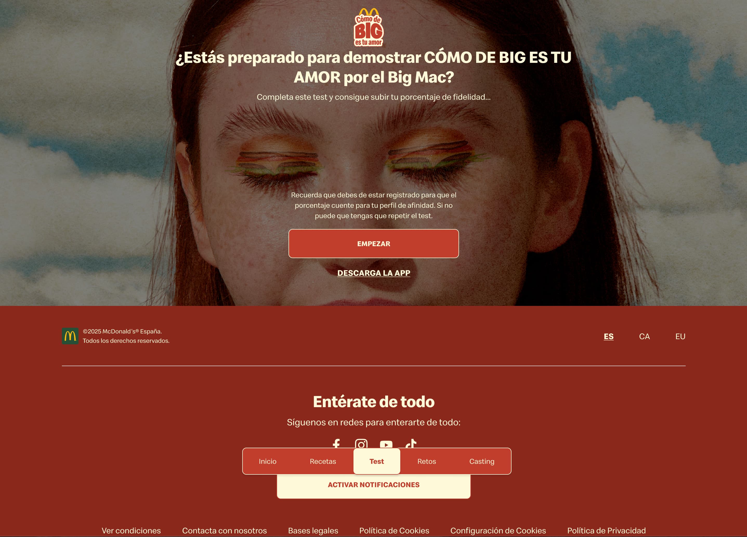 Campaign landing screen asking how big your love for the Big Mac is, with a start button