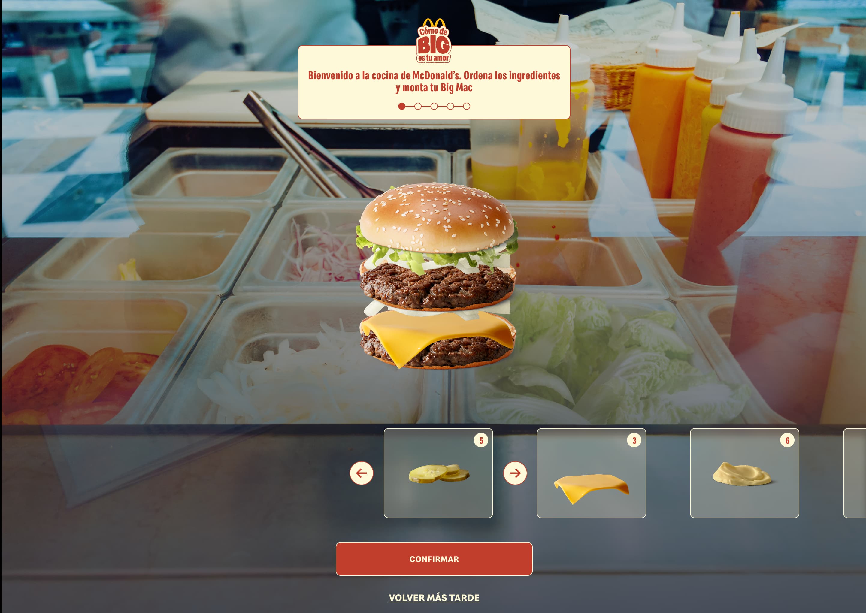 Burger assembly game with the finished Big Mac and the ingredient tray below