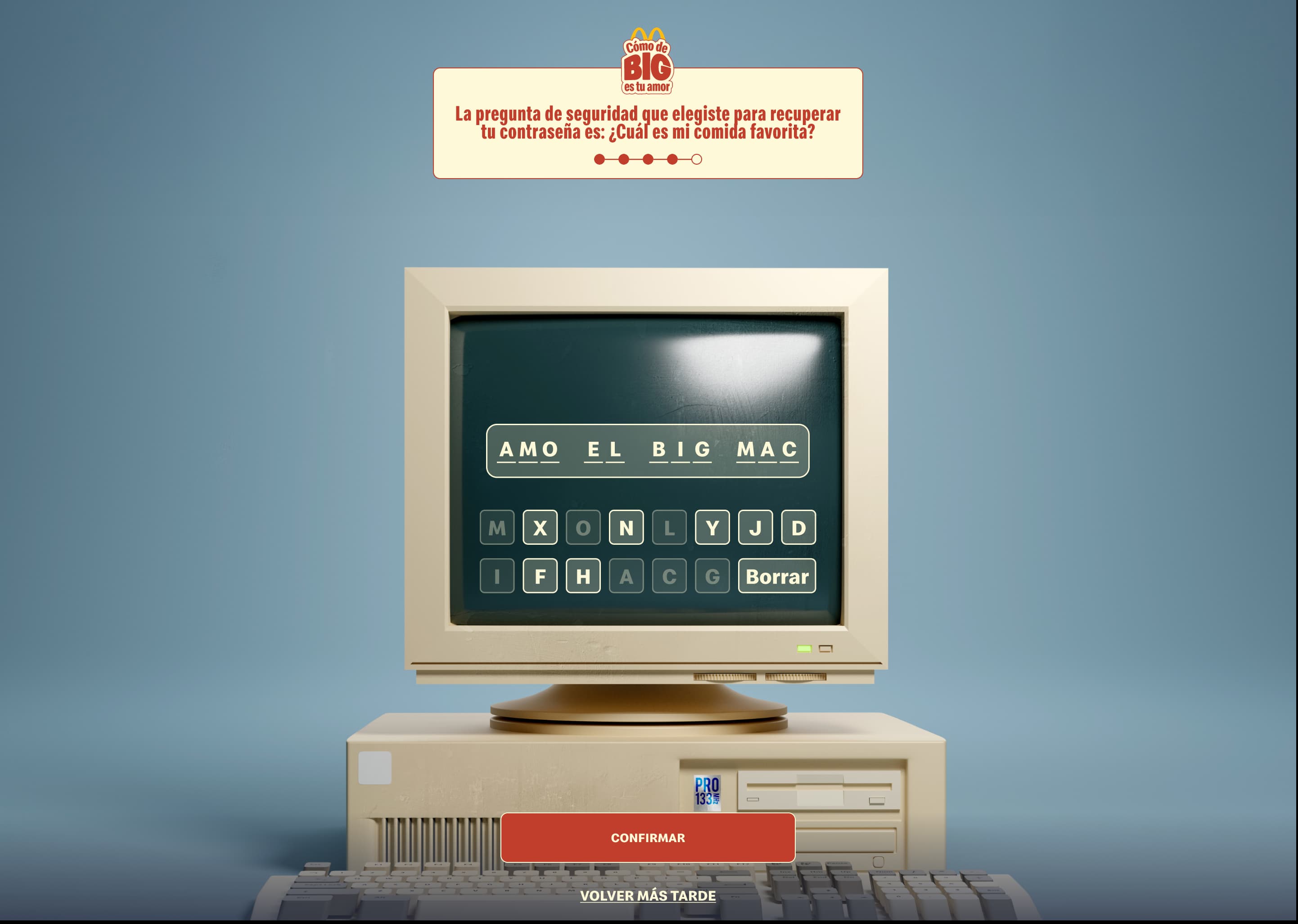 Retro terminal password game solved, with the on-screen keyboard below