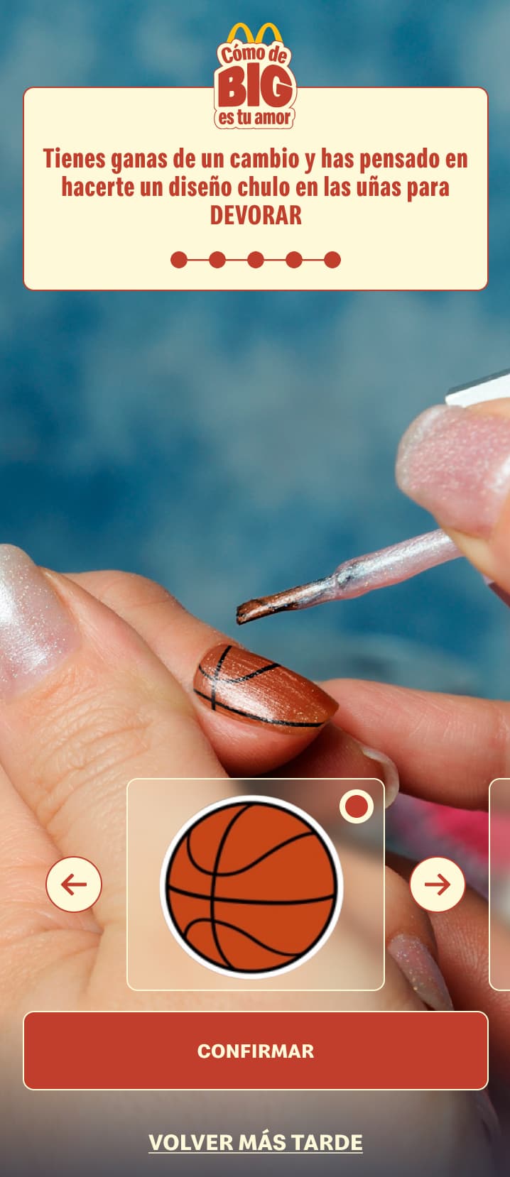 Final game, choosing a nail design, with all five progress dots filled