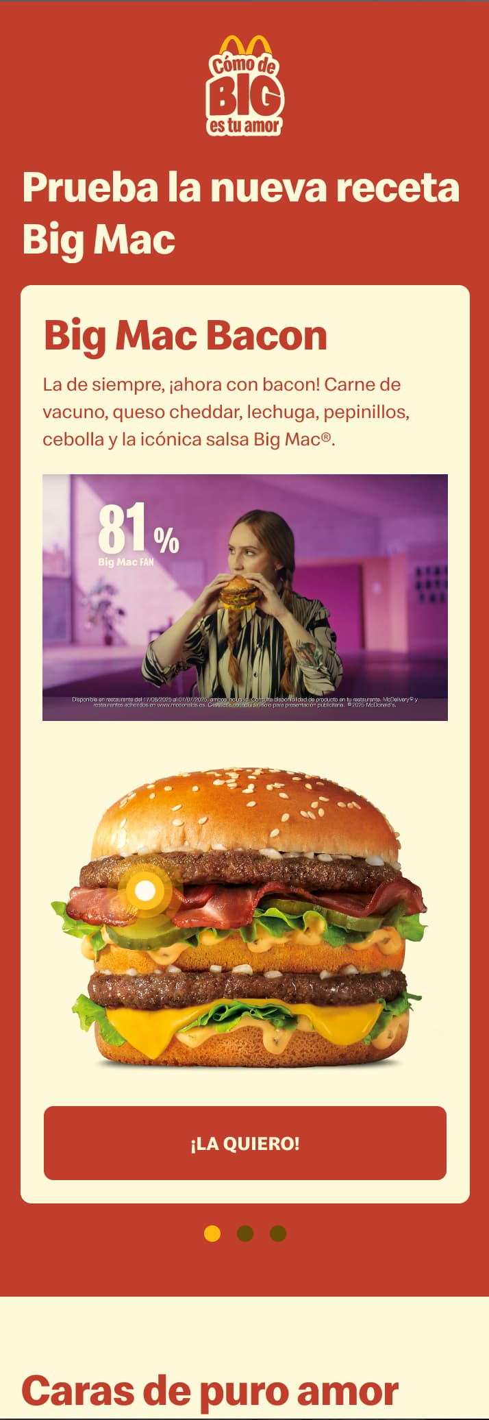 Recipe section introducing the new Big Mac Bacon with a carousel