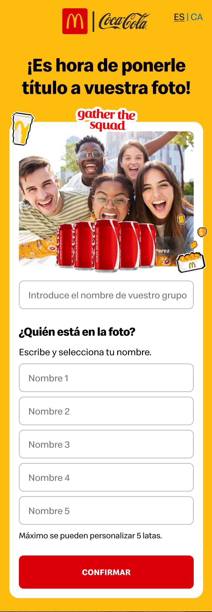 Form for naming the group and each of the five friends in the photo