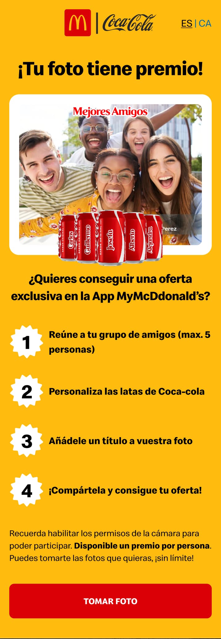 Landing screen showing an example group photo with five named cans and the four-step instructions