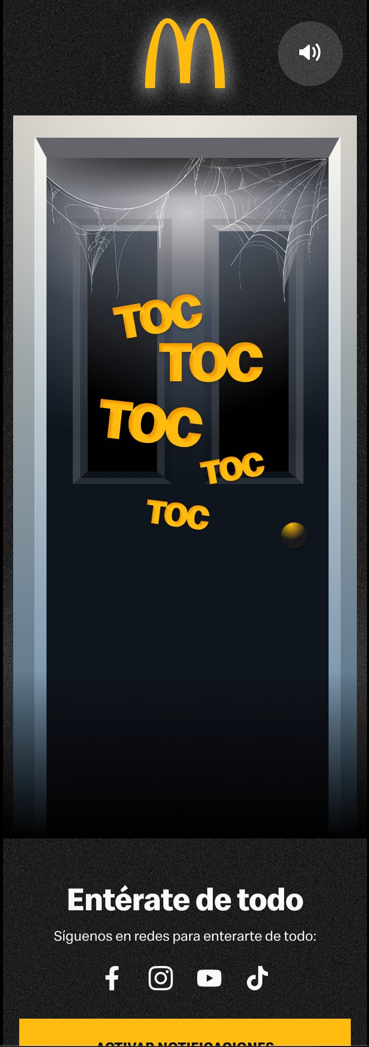 Intro animation: a cobwebbed door with knocking text over it
