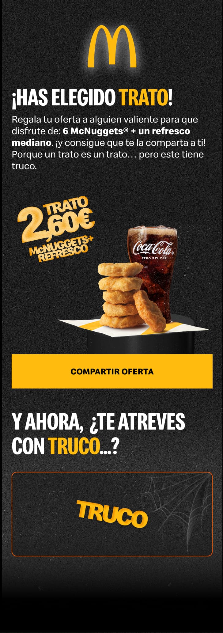 State after choosing treat, showing the shareable offer and a share button
