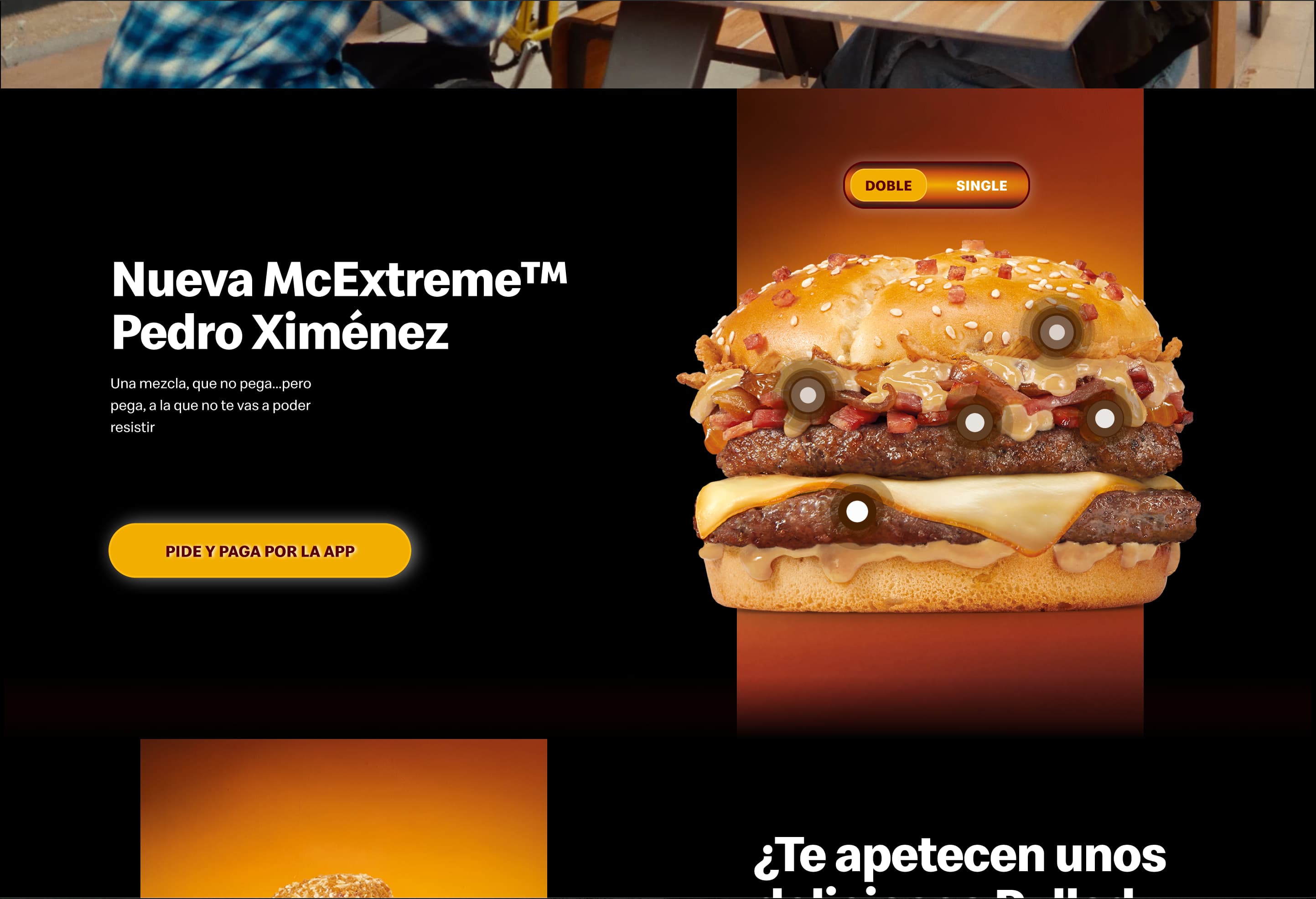 Product section with a double-or-single switch and animated markers calling out each ingredient