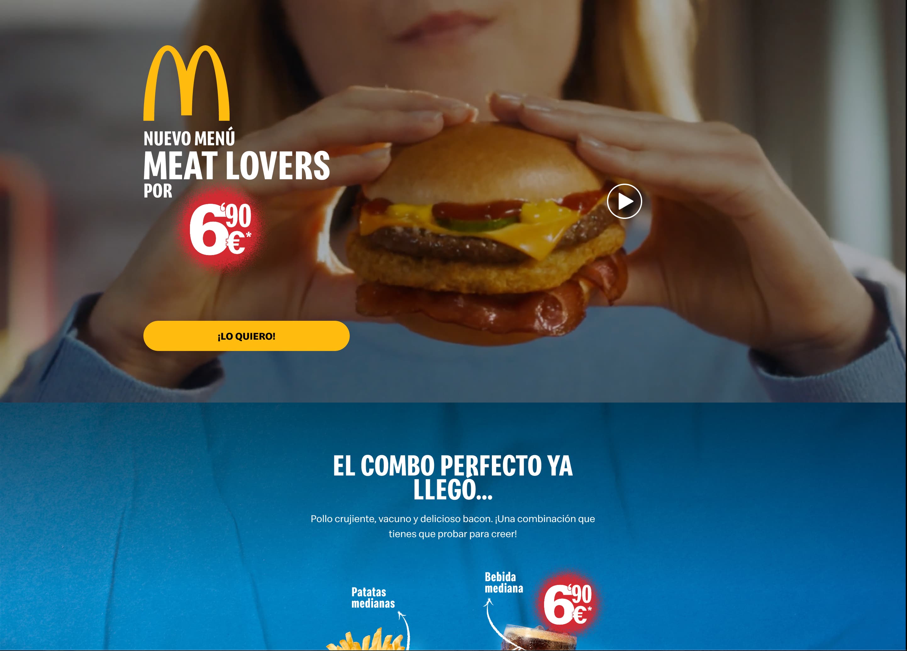 Meat Lovers menu launch page with a full-bleed hero and the combo broken out below