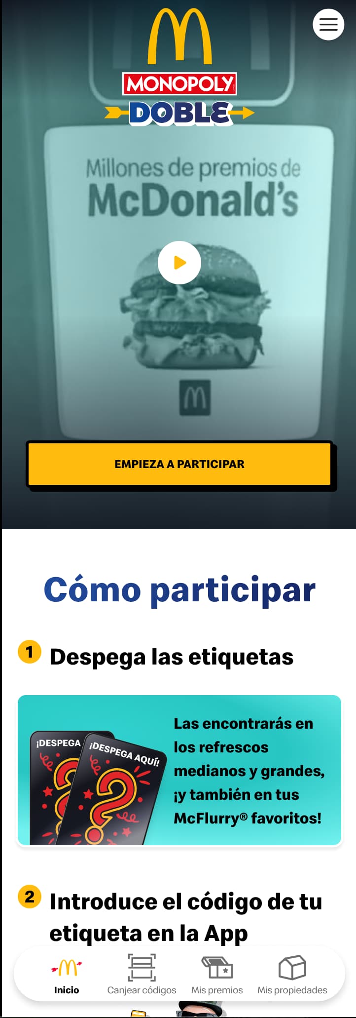 Campaign home screen promising millions of prizes, with the first steps for taking part below