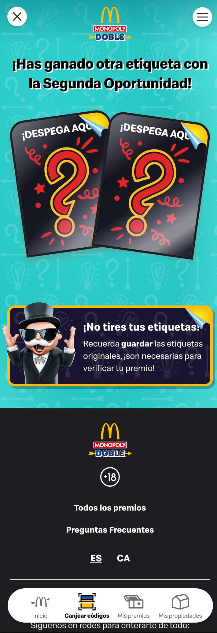 Second-chance win showing two unpeeled stickers ready to open