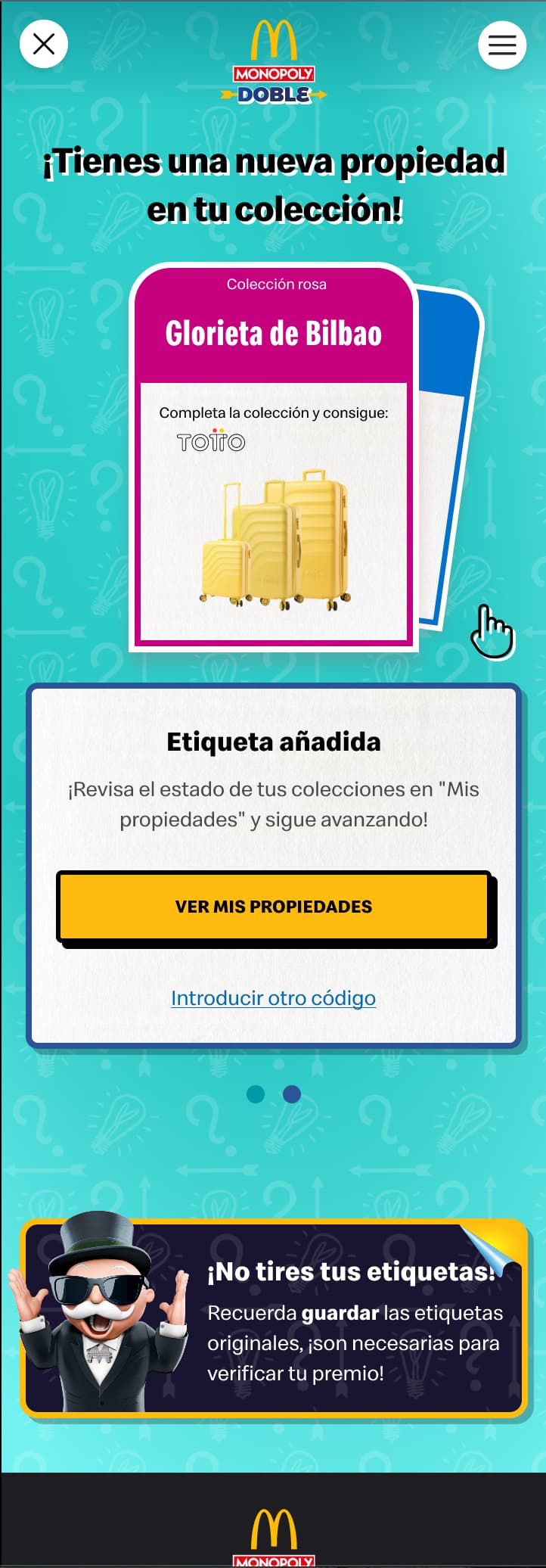 Win screen showing a newly collected property card and the prize its set is worth