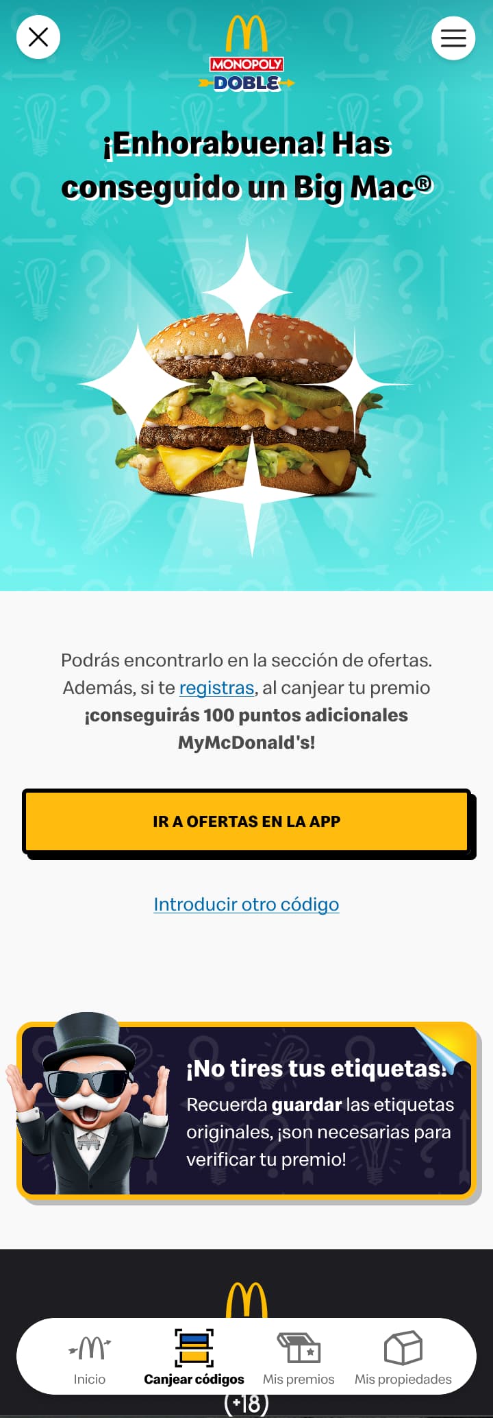 Instant prize reveal with the product won and the route to claim it
