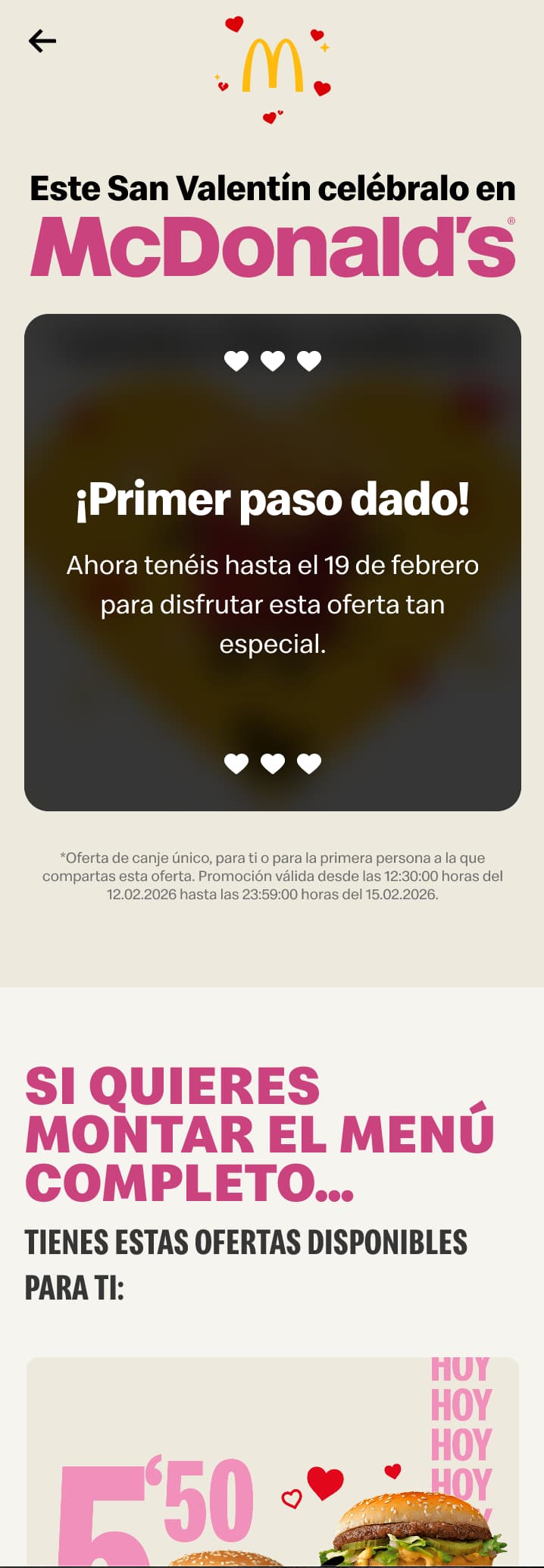 Confirmation screen after sharing, with the window both people have to use the offer