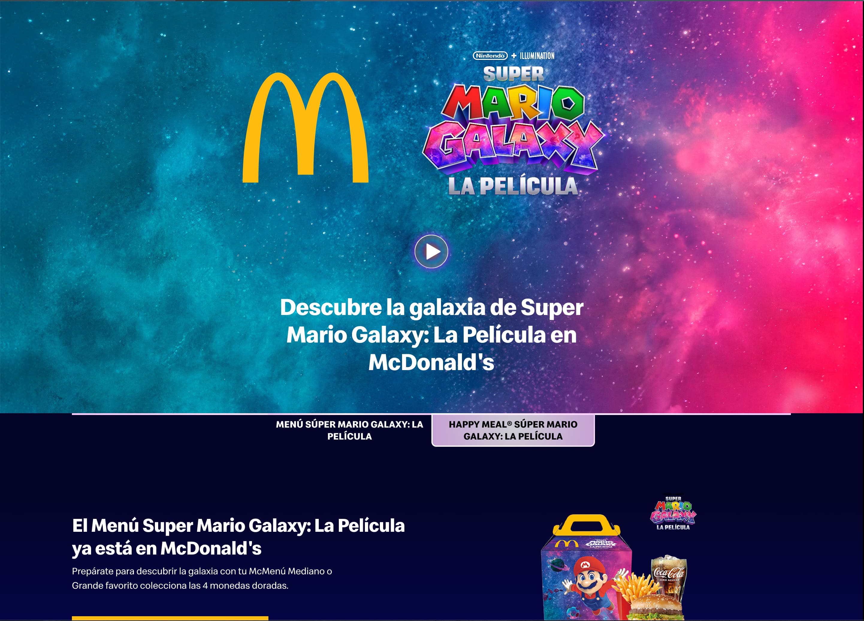 Film tie-in landing page with a two-tab switcher between the menu and the Happy Meal