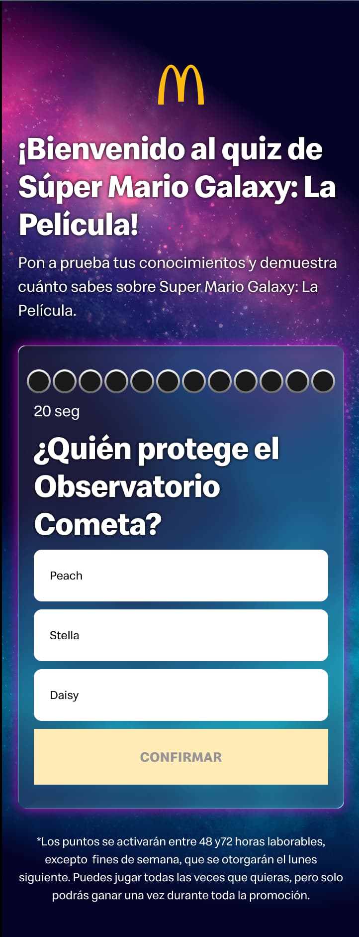 Quiz screen with a countdown, a progress tracker and multiple-choice answers